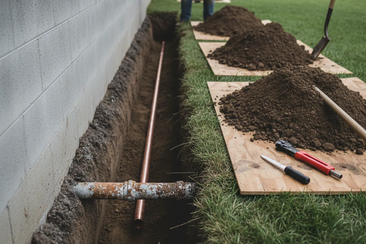 Excavated water line trench during Water Softener Installation in Samaria